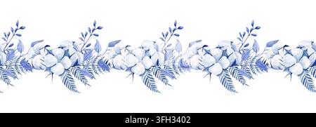 Bordure sans couture aquarellée en bleu à partir de coton, différents types d'eucalyptus, fleurs séchées et fougère. Banque D'Images