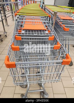 De nombreux chariots de courses vides sont soigneusement rangés en rangées, attendant les clients à l'entrée d'une épicerie, représentant le consumérisme et la logistique de vente au détail Banque D'Images