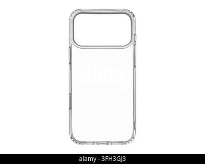 Protecteur de téléphone portable transparent vierge. Modèle de coque en plastique de haute qualité pour le branding et la présentation de motifs. Objet isolé pour accessoires électroniques Banque D'Images