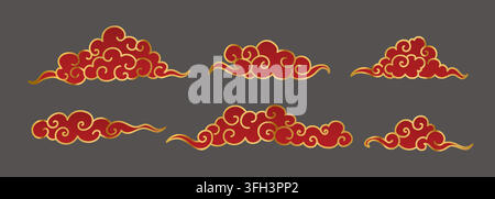 Motifs de nuages rouges asiatiques traditionnels dans un style doré oriental, ensemble d'illustrations vectorielles. Illustration de Vecteur