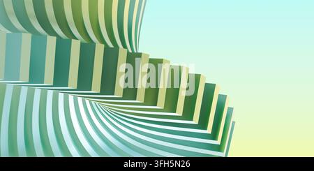 Rendu 3D d'un fond géométrique abstrait avec des étapes en spirale ondulées en dégradés de vert et de jaune, concept architectural moderne. Banque D'Images