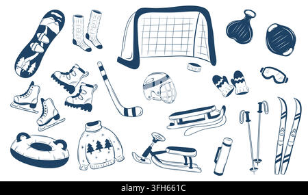 Ensemble vectoriel d'équipement et de vêtements de sports d'hiver en art linéaire bleu Illustration de Vecteur