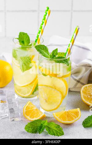 Close-up de deux verres transparents avec une limonade maison rafraîchissante contenant des tranches de citron fraîches, des feuilles de menthe, des glaçons et des pailles en papier sur une cuisine légère Banque D'Images