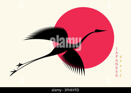 Design de logo stylisé en hérons, style japonais. Modèle abstrait d’oiseau volant ou de cigogne avec décoration solaire rouge, adapté à votre marque, vecteur Illustration de Vecteur