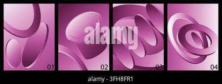 Une collection de quatre compositions 3D abstraites mettant en vedette des formes géométriques violettes, dont des cylindres, des anneaux et des cercles, avec des dégradés fluides et mo Illustration de Vecteur