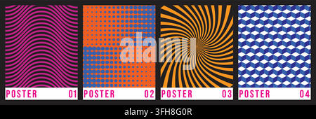 Une collection de quatre affiches abstraites modernes présentant des lignes ondulées, des points demi-teinte, des éclats radiaux et des motifs de cubes isométriques dans des couleurs vives. Illustration de Vecteur