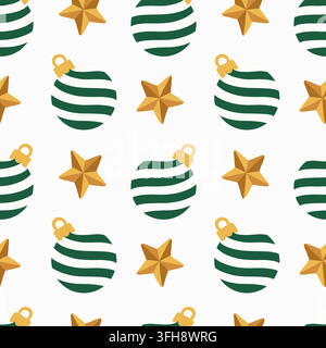 Motif de boule de Noël verte, ornements rayés, étoiles dorées, fond blanc, répétition vectorielle sans couture. Boules rondes et étoiles pointues alternées Illustration de Vecteur