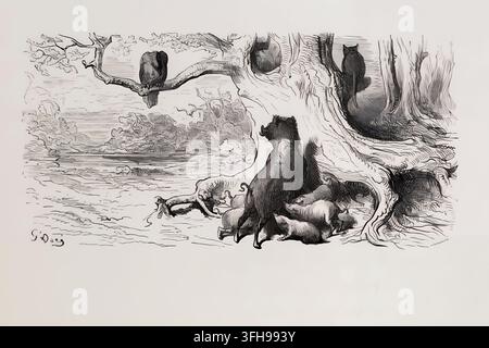 Illustration historique de Gustave Doré pour les Fables de Jean de La Fontaine, Volume 1, publiée dans l'édition française Fables de La Fontaine avec les dessins de Gustave Doré, 1867. L'image représente un aigle, une truie et un chat à côté d'un arbre et de l'eau, avec la légende imprimée « FABLE VI. L’AIGLE, LA LAIE ET LA CHATTE. » Banque D'Images