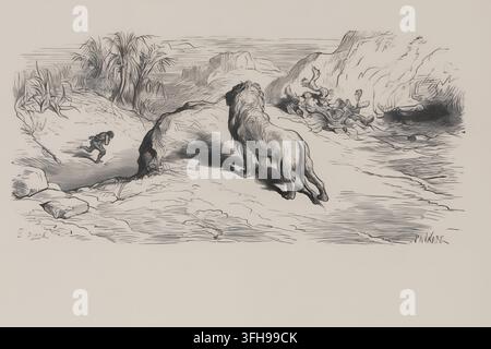 Gravure historique de Gustave Doré illustrant la Fable II, « Le Lion et le Chasseur » (« Le Lion et le Chasseur »), tirée des Fables de La Fontaine avec les dessins de Gustave Doré, Volume 1, publié en 1867. La scène représente un lion affrontant un chasseur dans un paysage accidenté, avec la légende imprimée visible en dessous. Banque D'Images