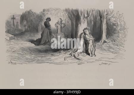 Illustration gravée historique de Gustave Doré pour les Fables de Jean de La Fontaine, représentant La Jeune Veuve, Fable XXI. Une jeune veuve voilée est assise sous un grand arbre près d'une rivière ou d'un étang, tandis qu'une silhouette encapuchonnée se tient près d'un cimetière marqué par des croix en arrière-plan. Tiré des Fables de La Fontaine avec les dessins de Gustave Doré, Volume 1, édition française publiée en 1867. Banque D'Images