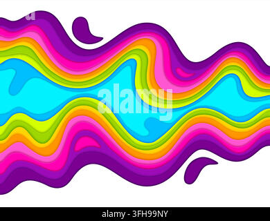 Fond aux vagues découpées dans du papier, formes ondulées en papier découpé. Motif vectoriel abstrait en couches 3D avec des courbes fluides colorées, nuances dynamiques de violet liquide, bleu et jaune Illustration de Vecteur
