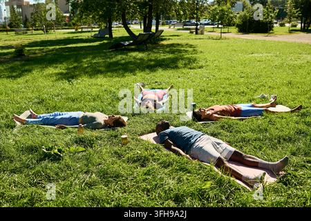 Groupe divers de personnes allongées sur l'herbe pratiquant le yoga dans un parc Banque D'Images