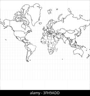 impression mono Atlas Mercator abstraite, projection modifiable, carte du monde montrant des frontières de pays modifiables avec des lignes de graticule sur une base géographique Illustration de Vecteur