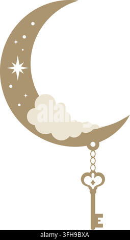 Illustration plate d'une lune croissante dorée décorée d'étoiles et d'un petit nuage avec une chaîne suspendue se terminant par un porte-clés Illustration de Vecteur