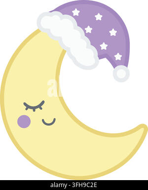 Illustration plate d'un croissant de lune jaune souriant aux yeux fermés portant une bonnet de nuit violet décoré d'étoiles blanches Illustration de Vecteur