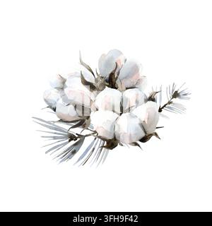 Boules de coton et branches de pin bleues.. Une illustration de Noël hivernale aquarellée dessinée à la main Banque D'Images