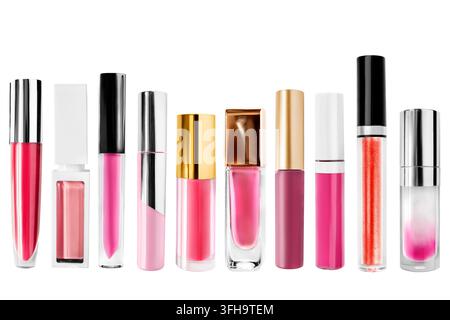 Collection de tubes de gloss à lèvres isolés sur fond blanc Banque D'Images