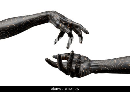 Deux mains sont montrées en position de préhension. Les mains sont recouvertes d'un matériau noir avec des lignes dorées. Elles sont positionnées comme si elles essayaient de se connecter. Banque D'Images