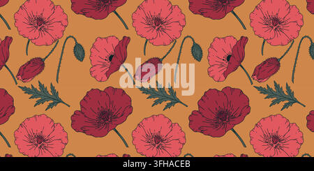 Motif floral sans couture avec des fleurs de coquelicot rouges dessinées à la main, des boutons fermés, des tiges courbées et des feuilles vertes disposées sur un fond orange chaud. Décoratif Illustration de Vecteur