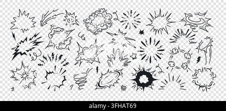 Bulle d'explosion de bombe radiale, nuages de boom ou cadres. Effet d'éclat d'explosion de dynamite, éléments de fumée atomique ronds avec feu éclaireur. Icônes noires de mouvement de souffle. Feuilles de sprite d'explosion dessinées à la main Illustration de Vecteur