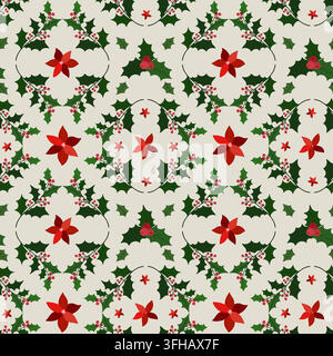 Motif vectoriel de Noël avec branches de houx et fleurs de poinsettia. Motif floral sans couture de Noël. Design festif hivernal pour papier cadeau Illustration de Vecteur