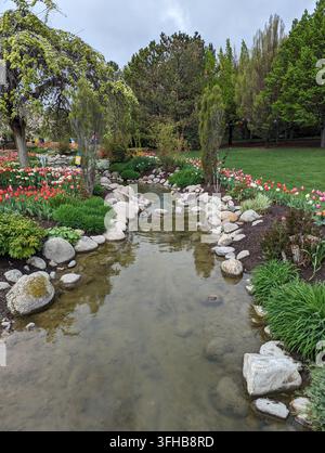 Ruisseau de jardin tranquille avec une végétation luxuriante et des fleurs éclatantes Banque D'Images