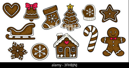 Ensemble d'illustrations vectorielles de biscuits de Noël en forme de pain d'épice, friandises festives avec glaçage Illustration de Vecteur