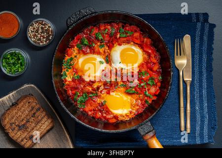 Flat lay de shakshuka traditionnelle du Moyen-Orient, œufs pochés dans une sauce tomate épicée, poivre et oignon, garni de persil frais, gros plan. Confortable r Banque D'Images