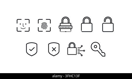 Ensemble de 9 icônes vectorielles de cybersécurité et d'authentification biométrique. Style d'art linéaire noir sur fond blanc. Collection de protection des données à contours propres Illustration de Vecteur