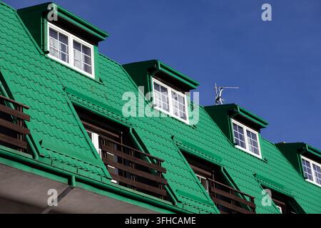 Prise de vue rapprochée d'un toit en métal ondulé vert vif avec des fenêtres de lucarne blanches et des balcons en bois sombre, représentant la construction résidentielle et Banque D'Images