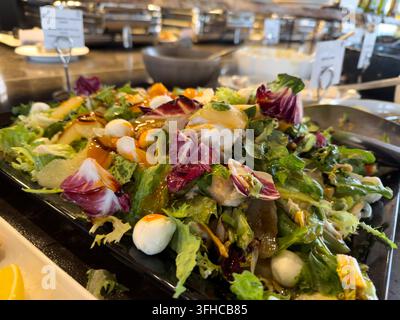 Close-up d'une salade vibrante mettant en avant des légumes verts mélangés, des boules de mozzarella et des fruits, magnifiquement présentés sur un plat sombre pour les buffets d'hôtel ou Upsc Banque D'Images