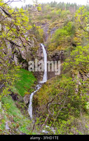 Cascade pittoresque dévalant une falaise rocheuse abrupte dans un petit ruisseau entouré de verdure. Banque D'Images
