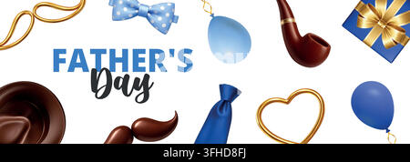 Bannière de vœux pour la fête des pères avec cadeaux, ballons, moustache, cravate et accessoires de pipe. Design réaliste de fête Illustration de Vecteur