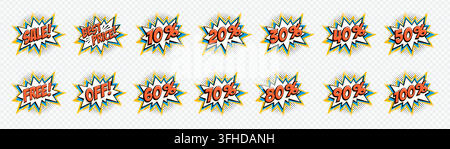 Ensemble de badges éclatants rétro de style BD avec des lettres rouges en gras et des éclats superposés bleus et jaunes, isolés sur fond transparent. Icônes de promotion et de réduction Illustration de Vecteur