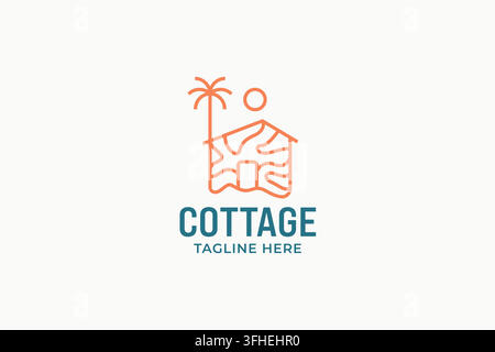 Icône de logo minimaliste Monoline Shore Cottage Palm Tree pour le branding d'une station balnéaire Illustration de Vecteur