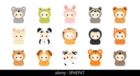 Collection de personnages animaux mignons mettant en vedette des visages d'animaux adorables portant des costumes colorés à capuche Illustration de Vecteur