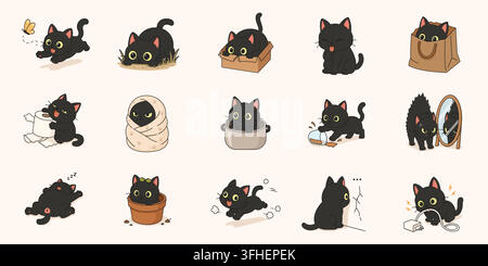 Collection d'illustrations sur le comportement drôle et la vie quotidienne d'un chat noir mignon Illustration de Vecteur