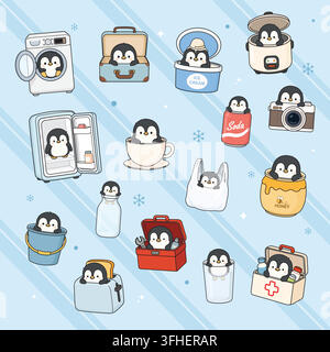 Personnages mignons de pingouins kawaii interagissant avec des objets du quotidien, ensemble de cliparts Illustration de Vecteur