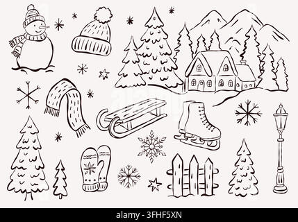 Ensemble d'art linéaire dessiné à la main de village de Noël hivernal et bonhomme de neige Illustration de Vecteur