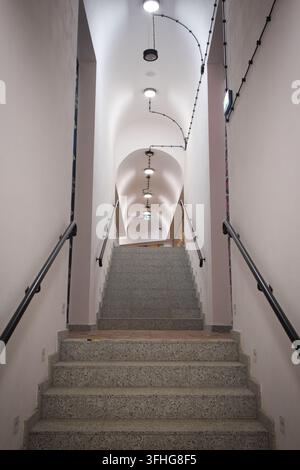 Un escalier monte sous un plafond voûté avec des lumières encastrées. Des marches en pierre texturées mènent vers le haut avec des rampes métalliques modernes. Des murs propres encadrent le chemin Banque D'Images