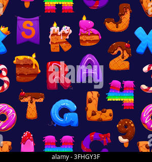 Polices de caractères de type cartoon pour anniversaires et fêtes festives, fond à motifs sans couture. Motif de typographie vive mettant en vedette des parts de gâteau, des gaufres, Ballo Illustration de Vecteur