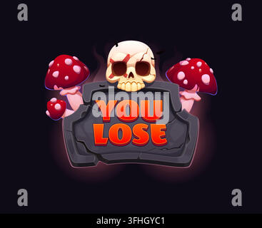 Icône de perte dans un jeu d'arcade Halloween en style cartoon avec tablette de pierre, crâne fissuré, champignons rouges et fumée flottante. Badge d'échec pour application mobile Halloween Illustration de Vecteur