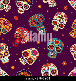 Visages de crâne en sucre mexicain Calavera. Motif sans couture du Jour des Morts de visages décoratifs de crânes en sucre avec des orbites florales, des cœurs et des ornements en spirale Illustration de Vecteur
