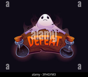 Icône de défaite en dessin animé représentant un personnage fantôme triste dépassant une bannière en bois avec des bouteilles de potion. Badge de fin de partie pour jeu de casino d'Halloween en arcade Illustration de Vecteur