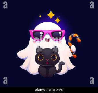 Personnage de fantôme mignon kawaii de Halloween avec chat noir. Adorable mascotte fantôme portant des lunettes de soleil roses et tenant une canne en sucre rayée pour Halloween Illustration de Vecteur