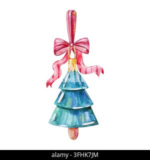 Illustration aquarellée d'un ornement de sapin de Noël en verre bleu vintage avec un nœud rose élégant. Excellent pour la papeterie saisonnière, les produits festifs pa Banque D'Images