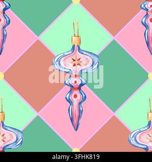 Un motif argyle sans couture mettant en vedette un ornement de finition de Noël en verre vintage détaillé entouré de formes de diamants rose pastel, vert et rouge. Banque D'Images