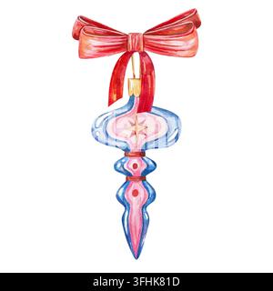 Ornement en glace en forme de glaçole vintage peint à la main avec un nœud rouge vif isolé sur blanc. Idéal pour les cartes de vœux de Noël, le branding des fêtes, Banque D'Images