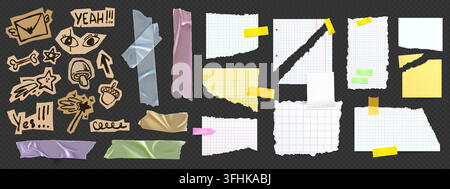 Ensemble de papiers de cahier déchirés, autocollants de gribouillis et morceaux de ruban adhésif froissé isolés sur fond transparent. Illustration vectorielle réaliste de notes mémo déchirées et de croquis scolaires amusants Illustration de Vecteur