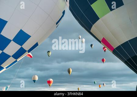 Deux grandes enveloppes de montgolfières encadrant le premier plan avec de nombreux ballons colorés flottant dans un ciel nuageux lointain lors d'un ascension massive en plein air Banque D'Images